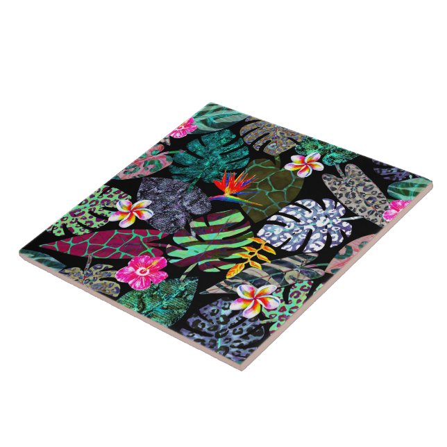 Vibrant Tropical Leaves and Flowers Pattern Tile (Side)
