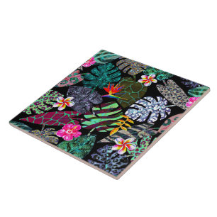 Vibrant Tropical Leaves and Flowers Pattern Tile