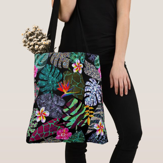Vibrant Tropical Leaves and Flowers Pattern Tote Bag (Close Up)