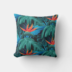 vibrant tropical leaves and orange flowers throw pillow