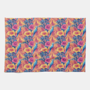 Vibrant Tropical Leaves and Parrots Summer Pattern Kitchen Towel