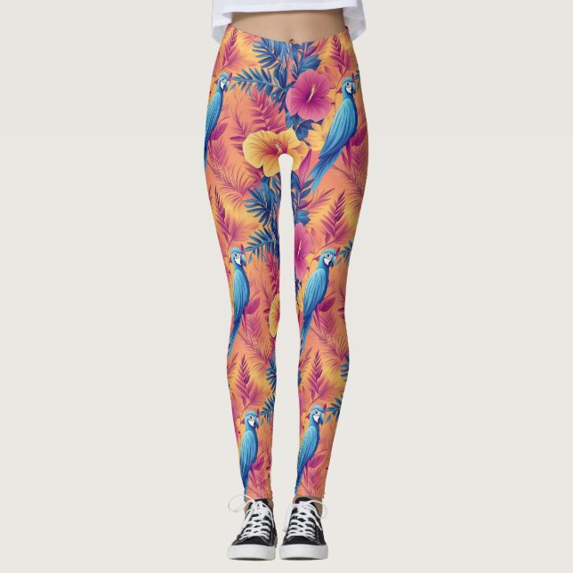 Vibrant Tropical Leaves and Parrots Summer Pattern Leggings (Front)