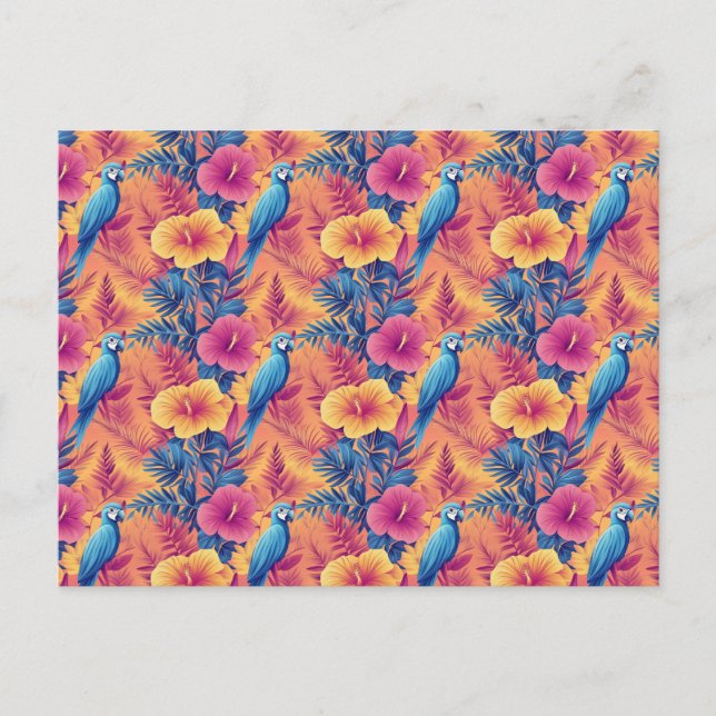 Vibrant Tropical Leaves and Parrots Summer Pattern Postcard (Front)