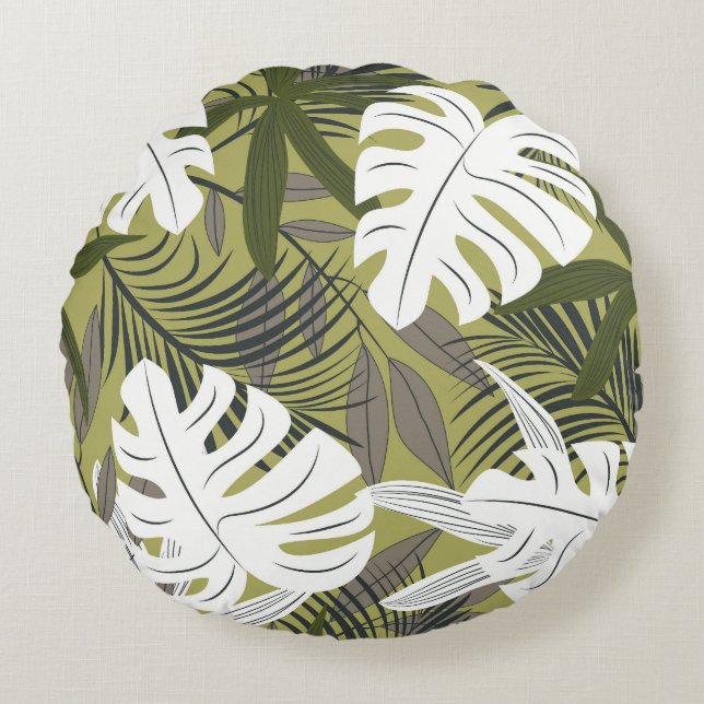 Vibrant Tropical Leaves Pattern Round Pillow (Front)