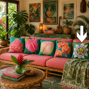 Vibrant Tropical Lilikoi Flower Painting Teal Throw Pillow