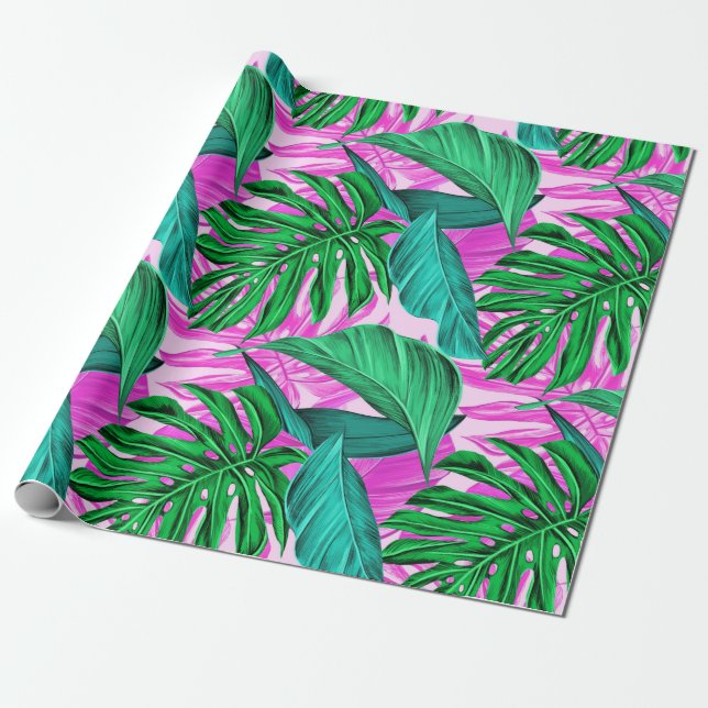 Vibrant Tropical Monstera Leaves Exotic Pattern  Wrapping Paper (Unrolled)