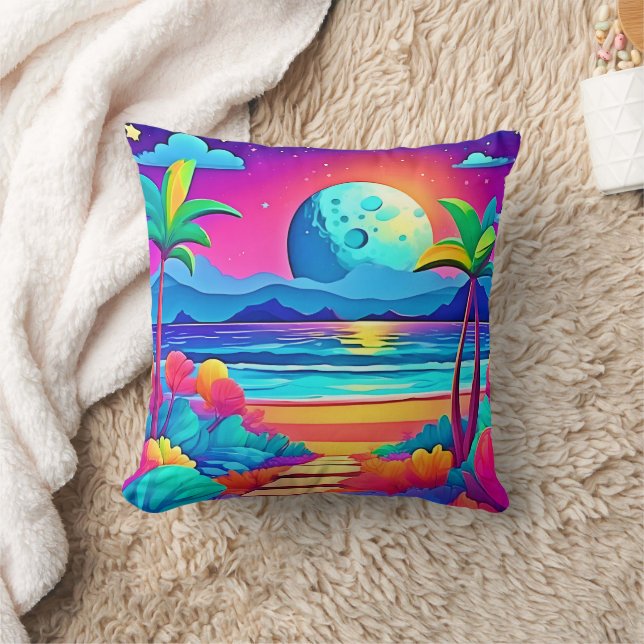 Vibrant Tropical Night Escape Throw Pillow (Blanket)