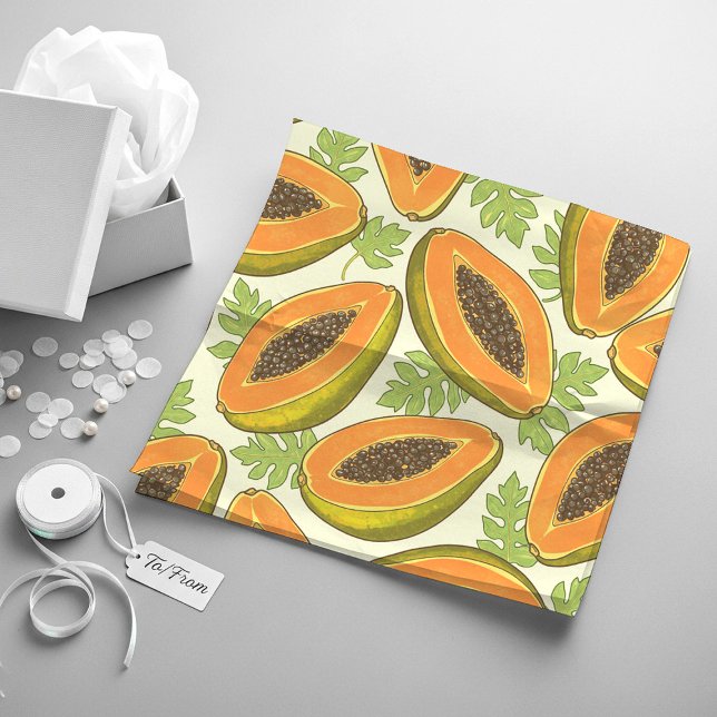 Vibrant Tropical Papaya Fruit and Leaf Pattern Wrapping Paper Sheet (Creator Uploaded)