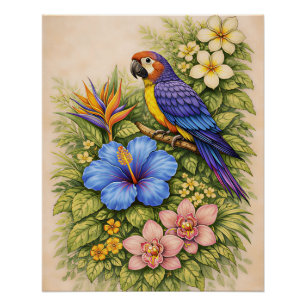 Vibrant Tropical Parrot Macaw Botanical Floral  Poster