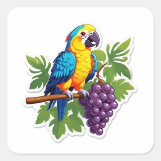 Vibrant Tropical Parrot with Grapes Square Sticker