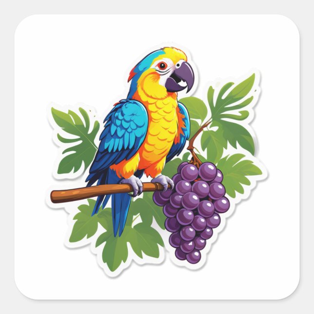 Vibrant Tropical Parrot with Grapes Square Sticker (Front)