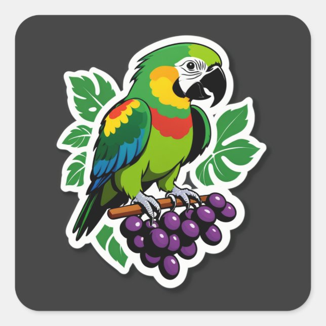 Vibrant Tropical Parrot with Grapes Square Sticker (Front)