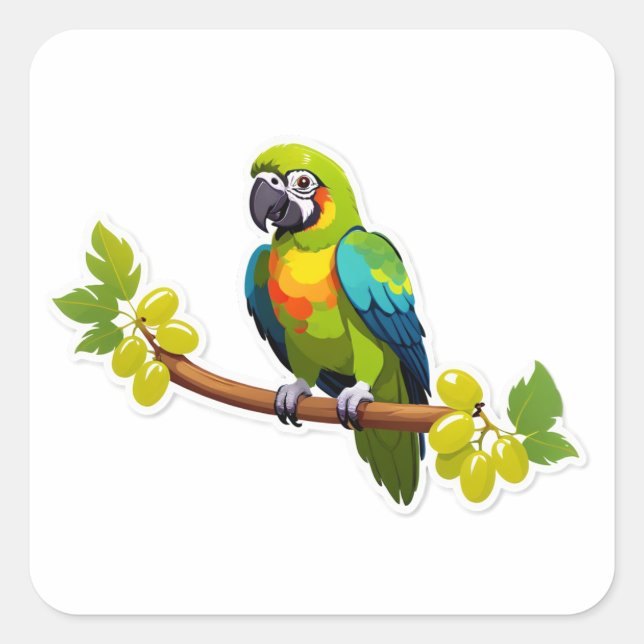 Vibrant Tropical Parrot with Grapes Square Sticker (Front)