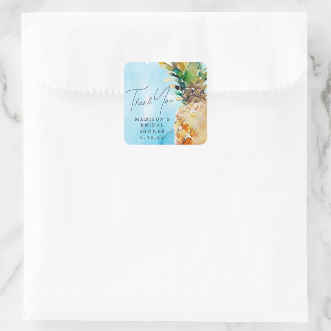 Vibrant Tropical Pineapple Bridal Shower Favour Square Sticker (Bag)