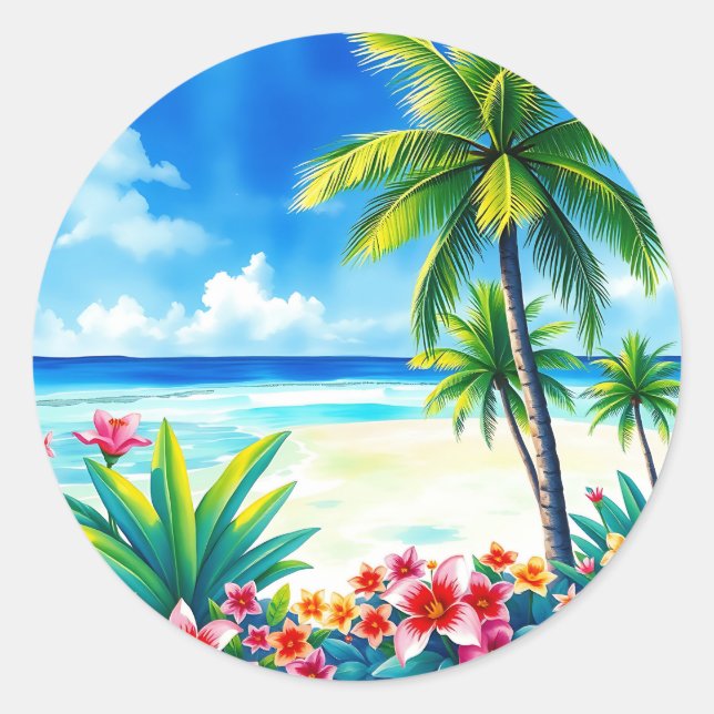 Vibrant Tropical Scene with Palm Trees Classic Round Sticker (Front)