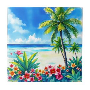 Vibrant Tropical Scene with Palm Trees Tile