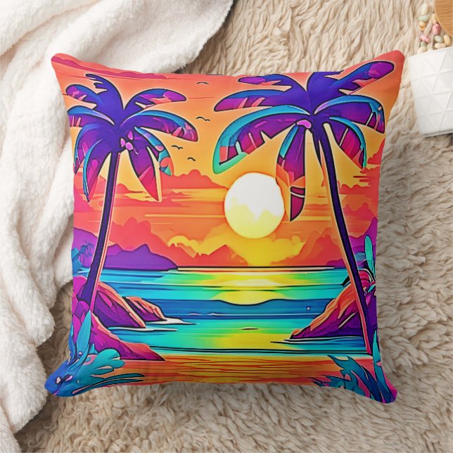 Vibrant Tropical Sunset Art Throw Pillow (Blanket)