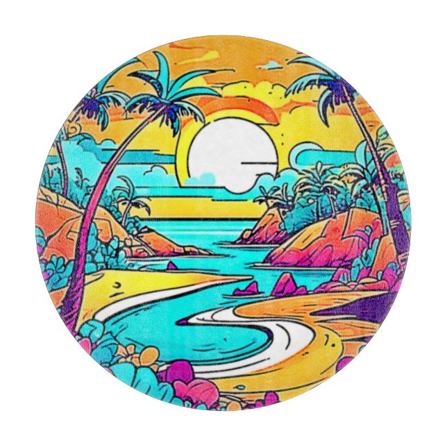 Vibrant Tropical Sunset Beach Cutting Board (Front)