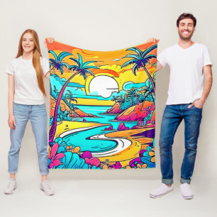 Vibrant Tropical Sunset Beach Fleece Blanket