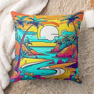 Vibrant Tropical Sunset Beach Throw Pillow