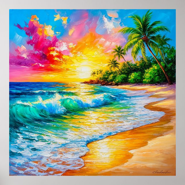 Vibrant Tropical Sunset Painting with Waves Poster (Front)