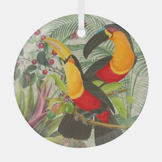 Vibrant Tropical Toucan Birds Art Exotic Jungle  Glass Ornament (Front)