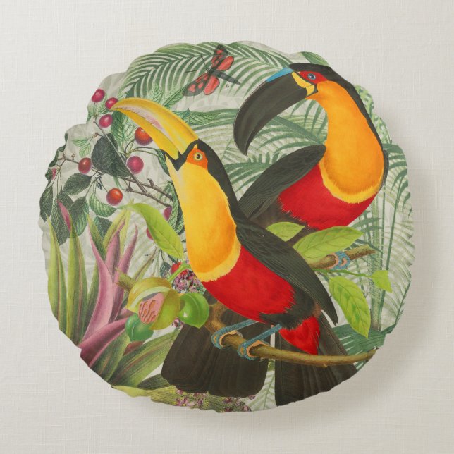 Vibrant Tropical Toucan Birds Art Exotic Jungle  Round Pillow (Front)