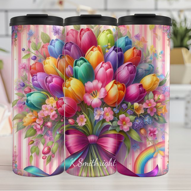 Vibrant Tulip Bouquet Rainbow Ribbon Thermal Tumbler (Creator Uploaded)