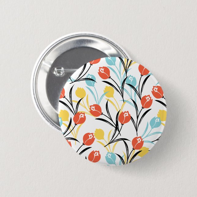 Vibrant Tulip Pattern Floral Design on White 2 Inch Round Button (Front & Back)