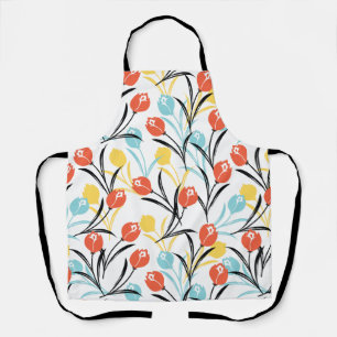 Vibrant Tulip Pattern Floral Design on White Apron