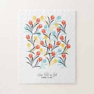 Vibrant Tulip Pattern Floral Design on White Jigsaw Puzzle