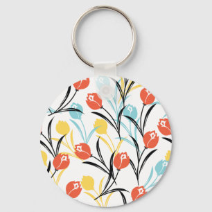 Vibrant Tulip Pattern Floral Design on White Keychain