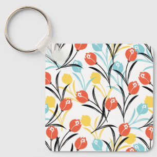Vibrant Tulip Pattern Floral Design on White Keychain