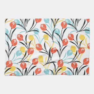 Vibrant Tulip Pattern Floral Design on White Kitchen Towel