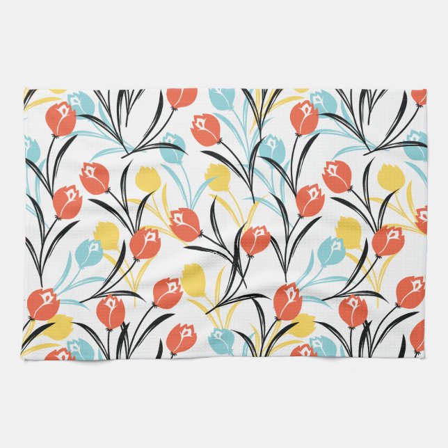 Vibrant Tulip Pattern Floral Design on White Kitchen Towel (Horizontal)