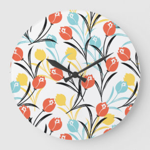 Vibrant Tulip Pattern Floral Design on White Large Clock