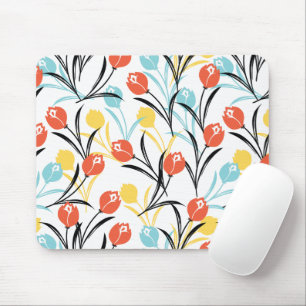 Vibrant Tulip Pattern Floral Design on White Mouse Pad