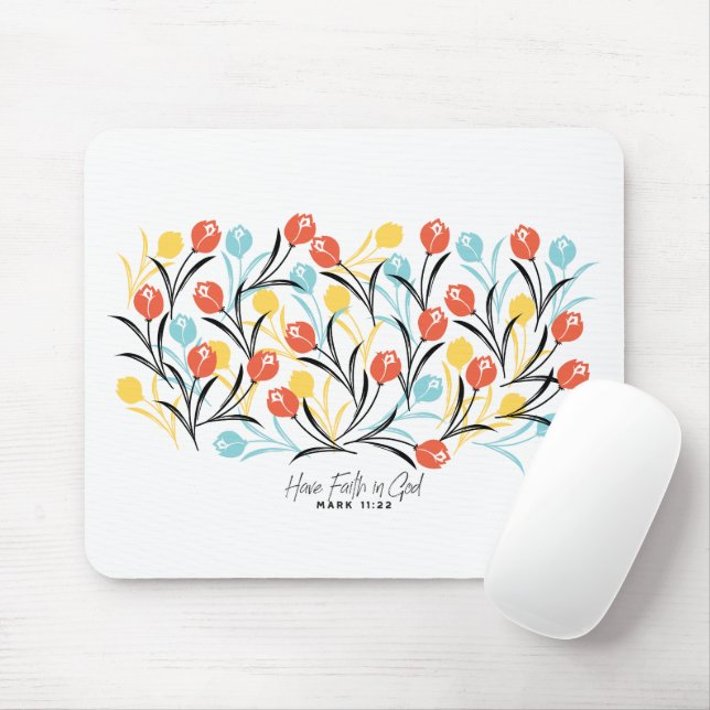 Vibrant Tulip Pattern Floral Design on White Mouse Pad (With Mouse)