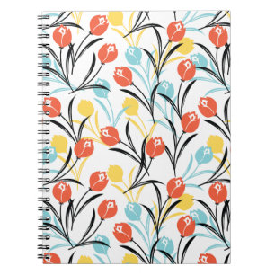 Vibrant Tulip Pattern Floral Design on White Notebook