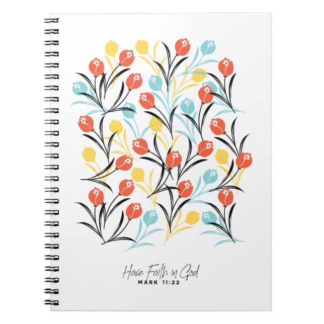 Vibrant Tulip Pattern Floral Design on White Notebook (Front)