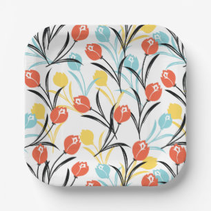 Vibrant Tulip Pattern Floral Design on White Paper Plate