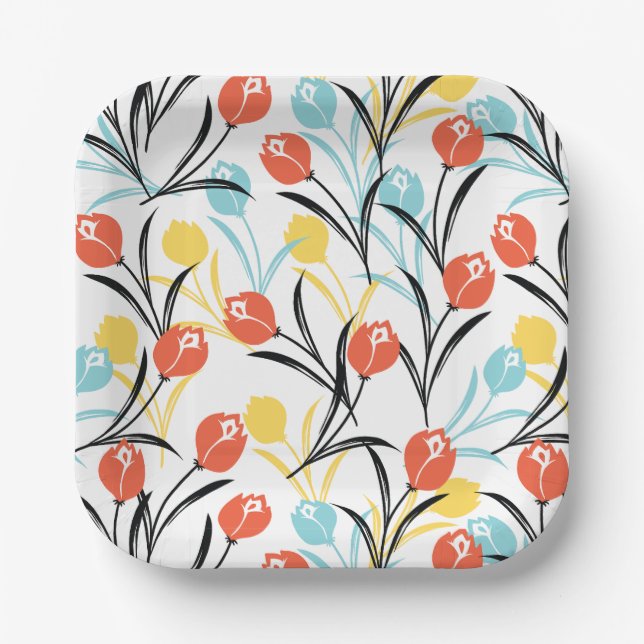 Vibrant Tulip Pattern Floral Design on White Paper Plate (Front)