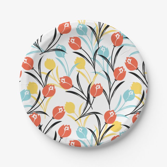 Vibrant Tulip Pattern Floral Design on White Paper Plate (Front)