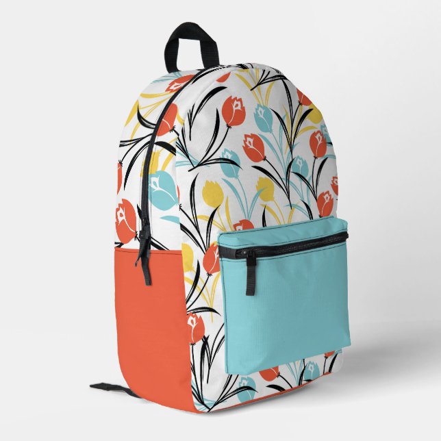 Vibrant Tulip Pattern Floral Design on White Printed Backpack (Back Corner Left)