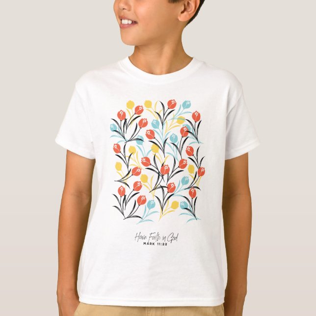 Vibrant Tulip Pattern Floral Design on White T-Shirt (Front)