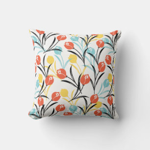 Vibrant Tulip Pattern Floral Design on White Throw Pillow