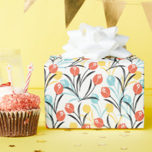 Vibrant Tulip Pattern Floral Design on White Wrapping Paper