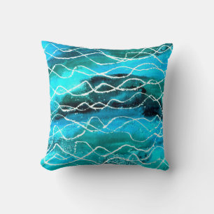 Vibrant Turquoise, Black, White Abstract Design Throw Pillow