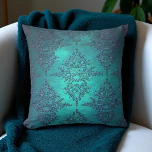 Vibrant Turquoise Damask Pattern Throw Pillow