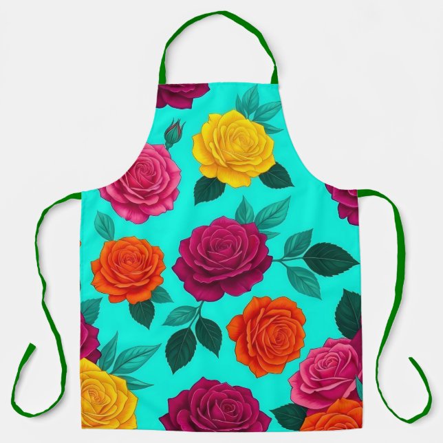 Vibrant Turquoise Rose Floral Apron (Front)